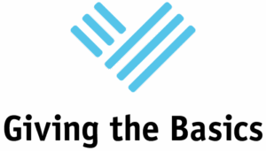 Logo for Giving the Basics. Blue abstract heart icon with Giving the Basics text below.